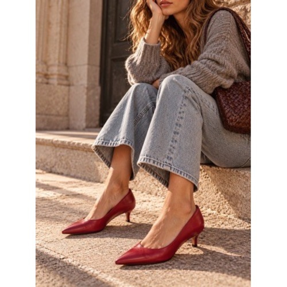 Mango MNG Red Leather Pointed Toe Kitten Heel Pumps Women Size 38 EUR 7.5 US